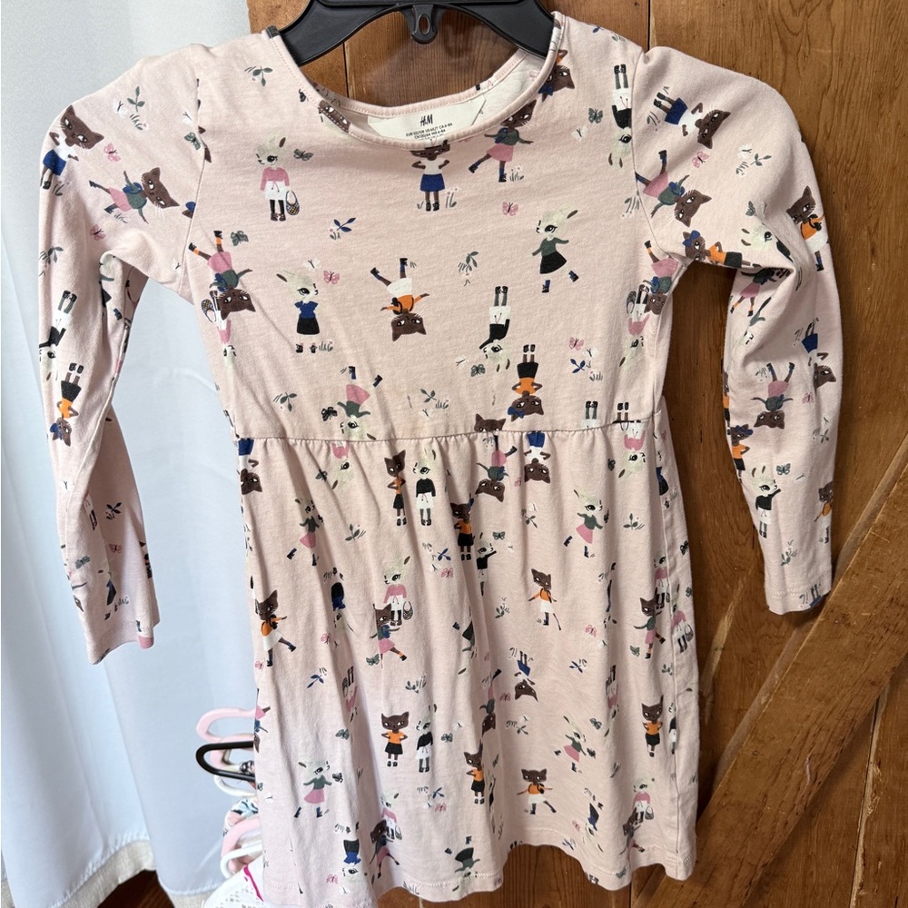 H&M Light Pink Girls Long Sleeve Dress with Animal Motif